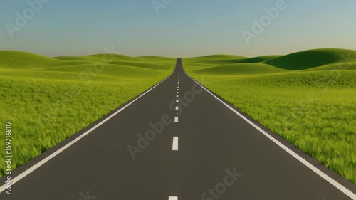Journey through endless green hills on a long asphalt road, a highway to possibilities and