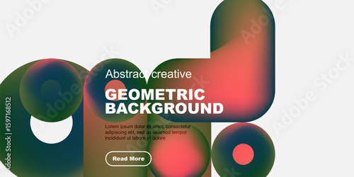 Abstract geometric shapes, vibrant colors, modern design. Text overlay includes title, sample text, button. Minimalist aesthetic.