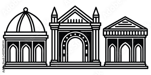 Architectural trio featuring a dome and classical building facades silhouette