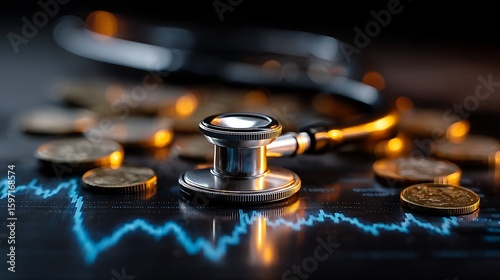 Stethoscope on Financial Graph with Gold Coins Healthcare Investment, Financial Health, Economic Recovery
