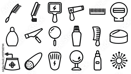 Collection of beauty and hair care tools and products in a simple line art silhouette style
