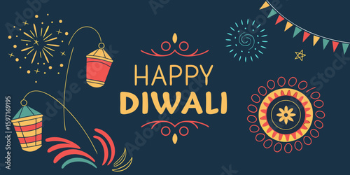 Web Graphic Design for Diwali Wishes – Vector Style with  dark blue background.