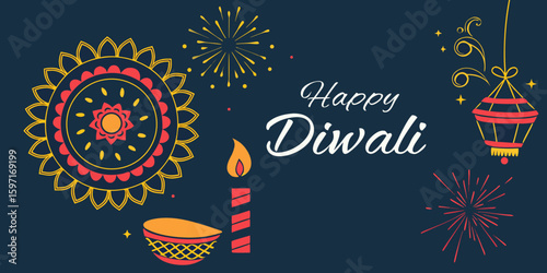 Web Graphic Design for Diwali Wishes – Vector Style with dark blue background.