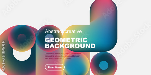 Abstract geometric shapes, vibrant colors, modern design. Text overlay includes geometric background, plus sample text, button.