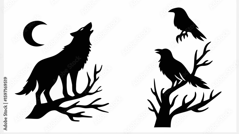 Obraz premium Silhouette of howling wolf under crescent moon and two ravens perched on branches at night scene drawing