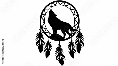 Silhouette of a howling wolf inside a dreamcatcher with feathers hanging down in a vector art style