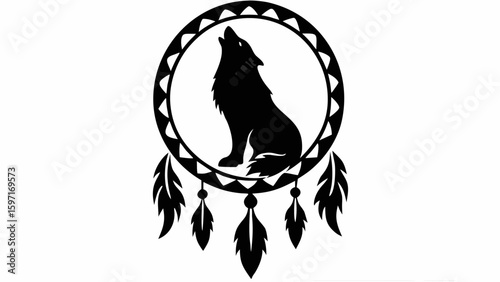 Silhouette of a howling wolf inside a dreamcatcher with feathers and a circular patterned border design