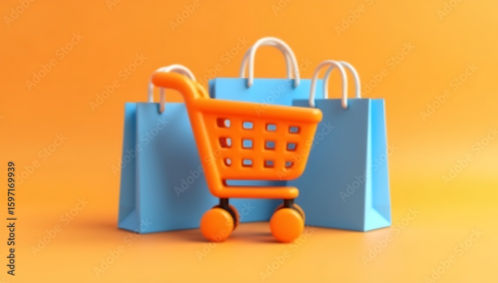 Fototapeta premium 3D render of a stylized orange shopping cart icon in front of blue shopping bags. Clean minimal design with soft shadows and vibrant colors on orange background. Represents online shopping, e-commerce