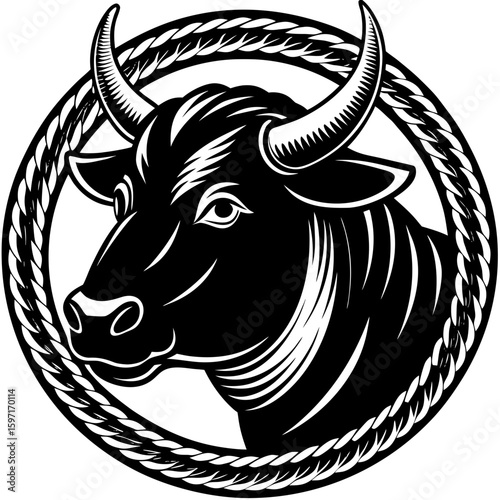 Black and white bull head framed with braided rope, symbol or logo design, strength and power