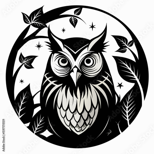 Stylized owl with foliage and stars in circular design, perfect for nocturnal themes or nature concepts