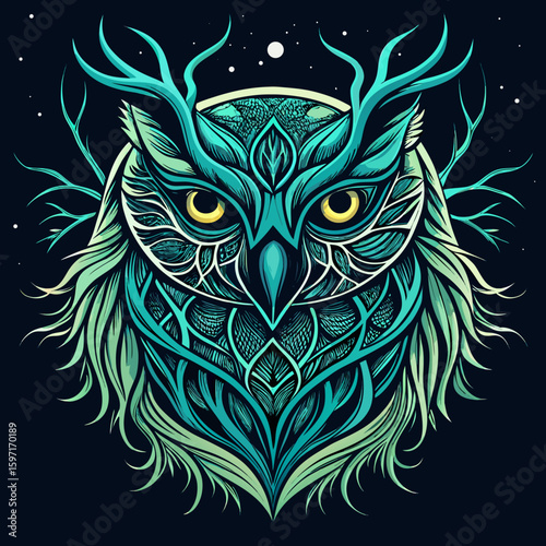 Intricate owl artwork with antlers and decorative patterns against a night sky illustration