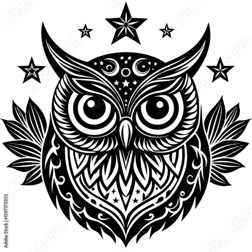 Stylized owl with stars and moon phases design, a celestial night bird in decorative vector art