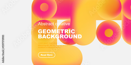 Vibrant geometric shapes overlap black background. Text promotes creative design, includes read more button. Modern, colorful composition.