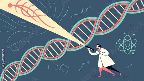 Scientist analyzing dna strand with light beam in laboratory setting with molecular diagrams around him