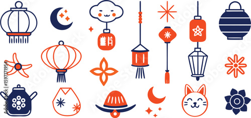 Vector art of a collection of flat design icons featuring lanterns, celestial elements, and cultural symbols isolated on transparent background.