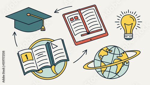 Illustration showing graduation cap, books, tablet, lightbulb, and globe with arrows linking them