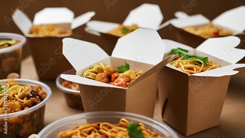 Savoring delicious takeout gourmet noodles in cardboard boxes urban setting food photography culinary delight close-up view