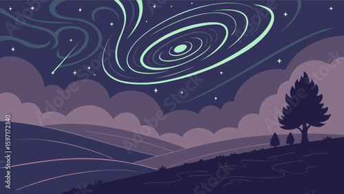 Illustration of a night landscape with swirling galaxy, shooting star, trees and rolling hills view