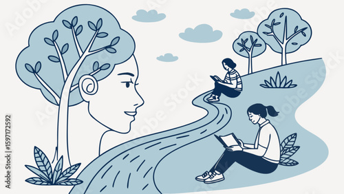 Illustration of a woman with a tree growing from her head and people reading along a path