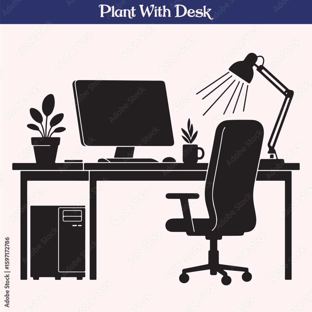 Fototapeta premium Silhouette of Office Desk with Computer, Chair, and Indoor Plants