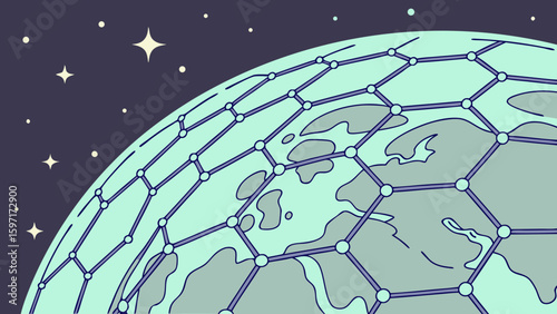 Planet with a geodesic dome in space surrounded by stars and connected network lines of hexagons