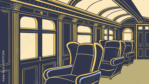Illustration of the interior of a vintage train car with seats and windows and doors on the right