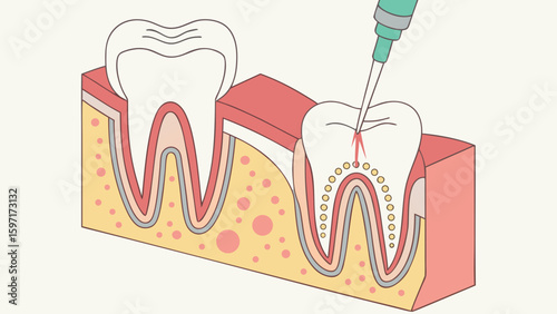 Illustration of a dental procedure with syringe and two teeth in a gum section shown closely