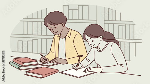 Two students studying together at a table with books and a bookshelf in the background illustration