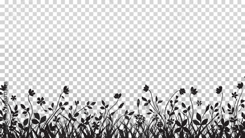 Vector  silhouette of grass and flowers against a transparent background creating a nature scene image view