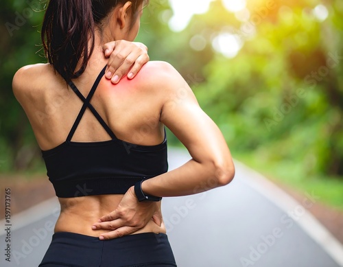Woman in athletic wear holding her shoulder in pain