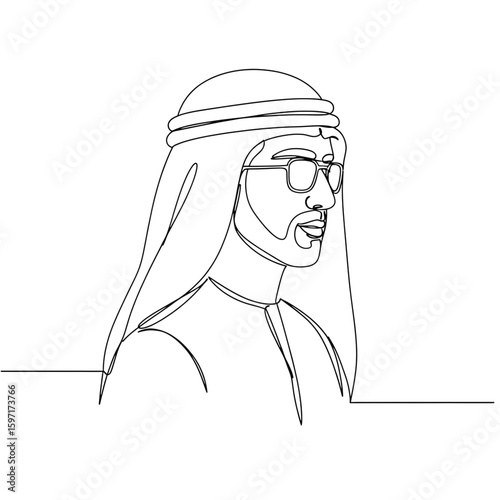 Middle Eastern man in traditional headscarf with beard and glasses in calm pose