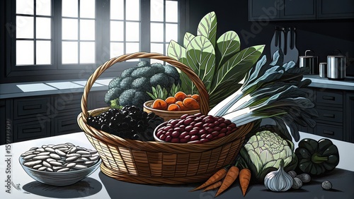 Fresh and Colorful Organic Vegetables in a Rustic Kitchen Basket