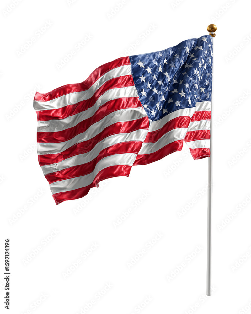 Obraz premium Waving American Flag on a Pole with a Transparent Background Stars and Stripes Symbolizing Patriotism and National Identity, PNG