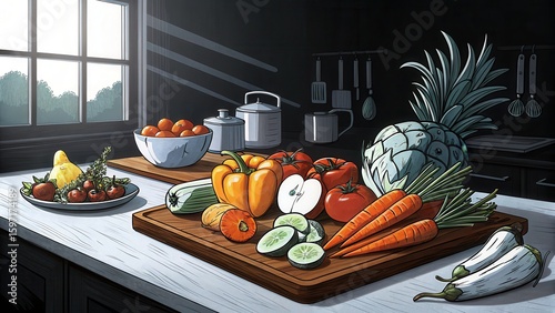 Fresh Healthy Vegetables and Fruits on Wooden Cutting Board in Kitchen