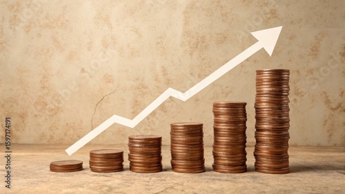 Growth of Investment Over Time with Stacked Coins and Upward Arrow