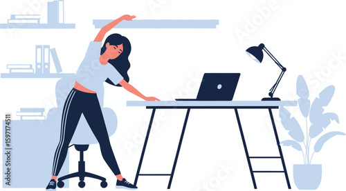 Young woman stretching at her desk for a work break at home