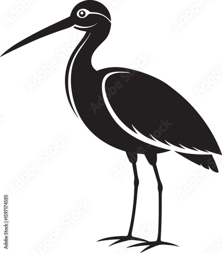 Black silhouette of a wading bird standing on one leg isolated on white background