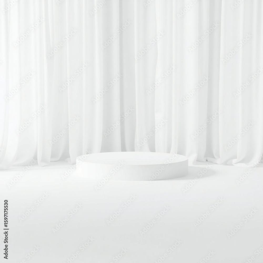 Fototapeta premium Minimalist white stage podium with soft drapes and subtle lighting