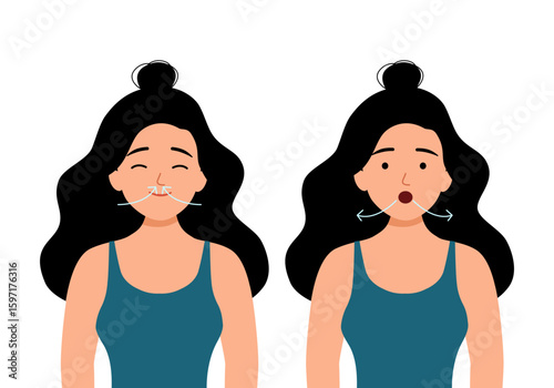Woman breathing deeply demonstrates how to relieve stress by inhaling through nose and exhaling through mouth. Lady is doing breathing exercises