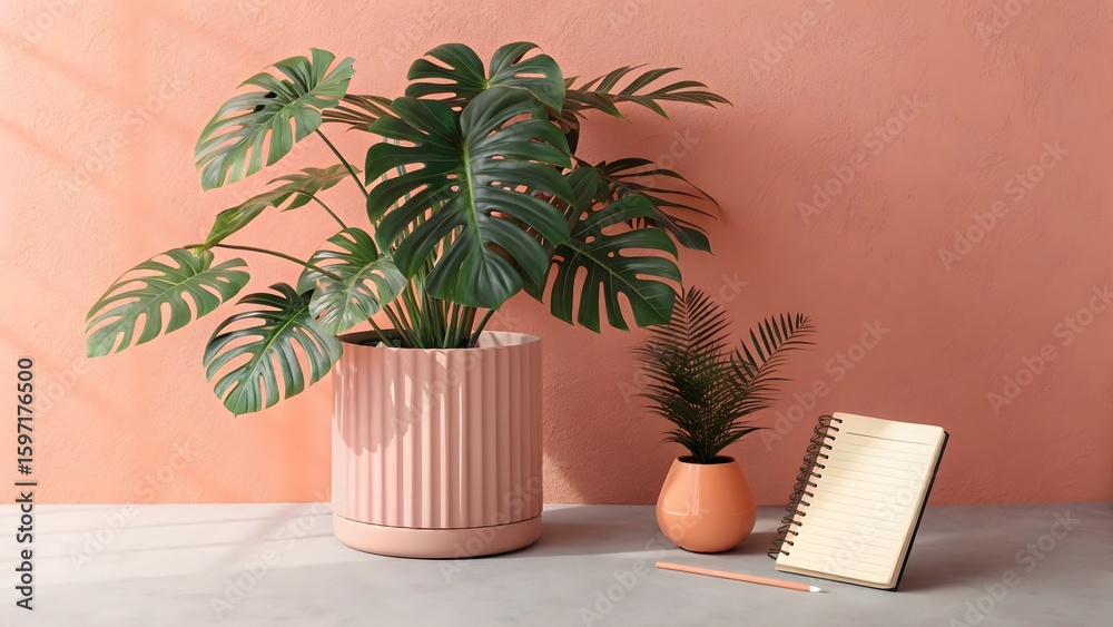 Obraz premium Two potted houseplants and a notebook on a table against a pink wall