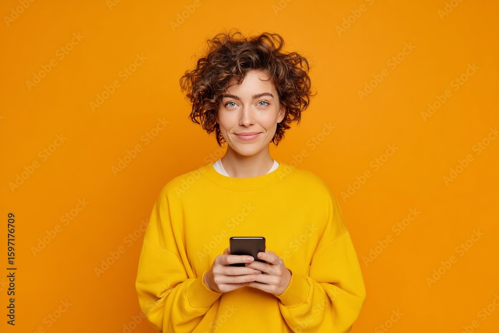 Fototapeta premium Young Woman Wearing Yellow Sweater Smiling While Using Smartphone Against Bright Orange Background
