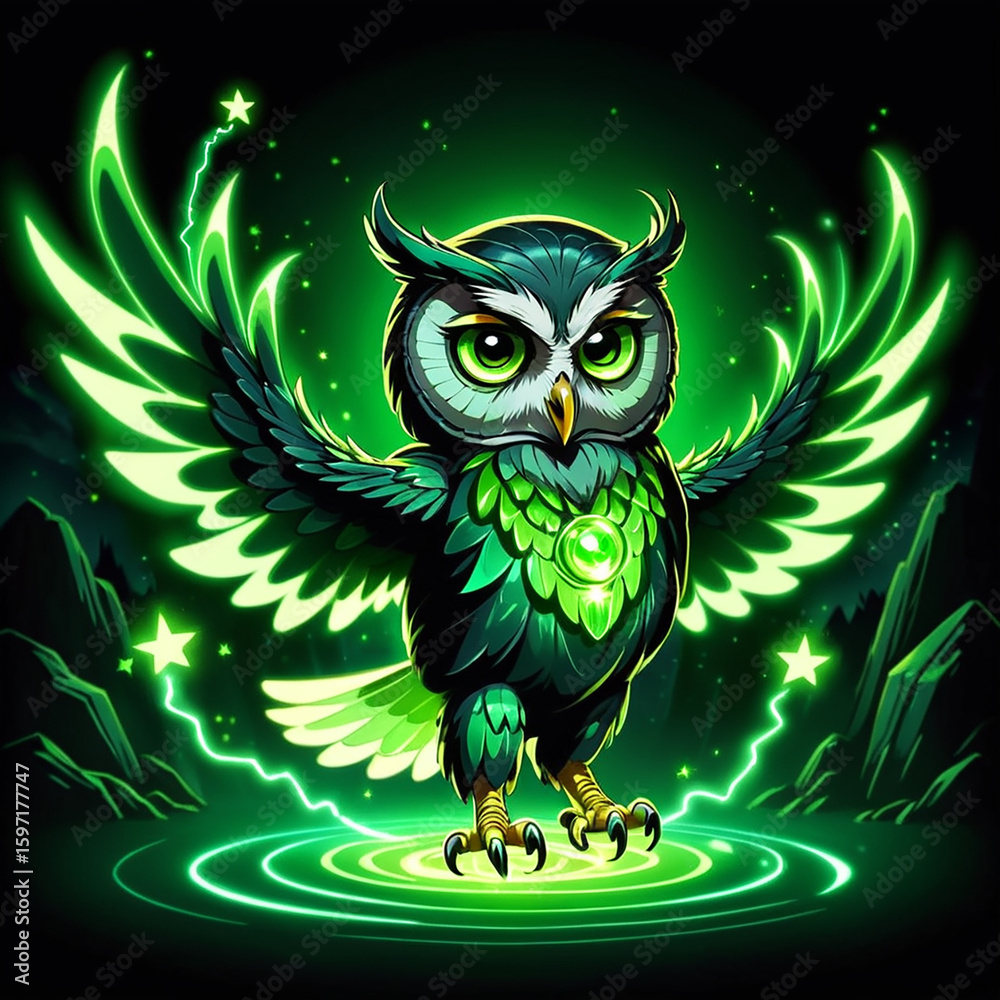 Obraz premium Mystical Green Owl with Glowing Wings in a Dark Fantasy Setting