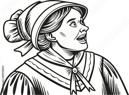 Woman with bonnet and ribbon around neck singing or speaking with open mouth and looking upwards