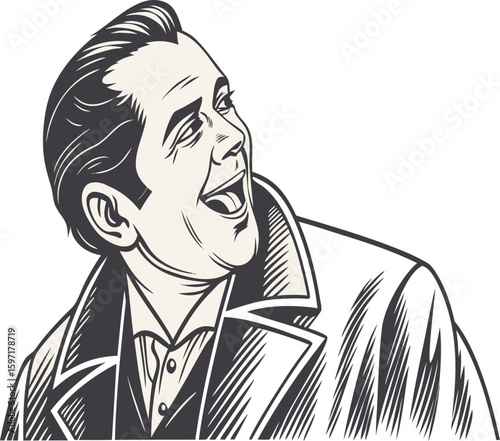 Man in vintage style laughing heartily with open mouth and eyes closed, head tilted back