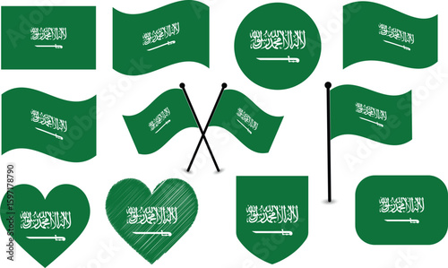 Various Saudi Arabian Flag Designs on White Background.
