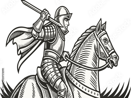 Knight in full armor riding a horse with a lance, depicted in a classic black and white woodcut style