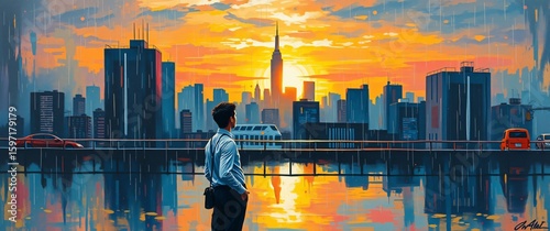 Rear View of Confident Businessman with Glasses and Bag Outside Modern Skyscraper – Urban Career and Leadership Concept.

