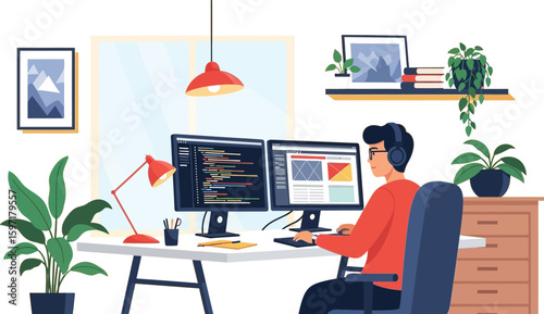 Software developer working on dual monitors setup