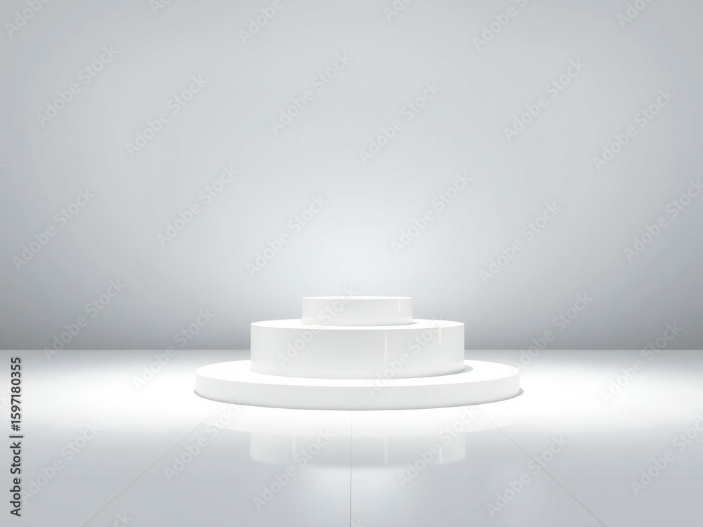 Fototapeta premium Clean white circular pedestal stage with soft lighting and reflections