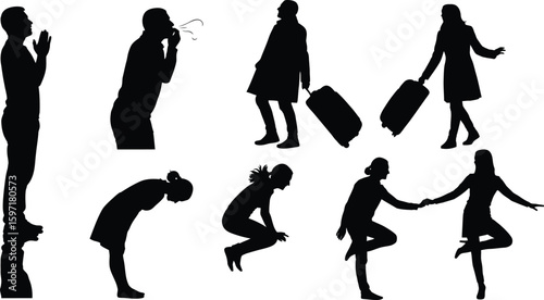 Vector art of silhouettes of people in various poses and activities 